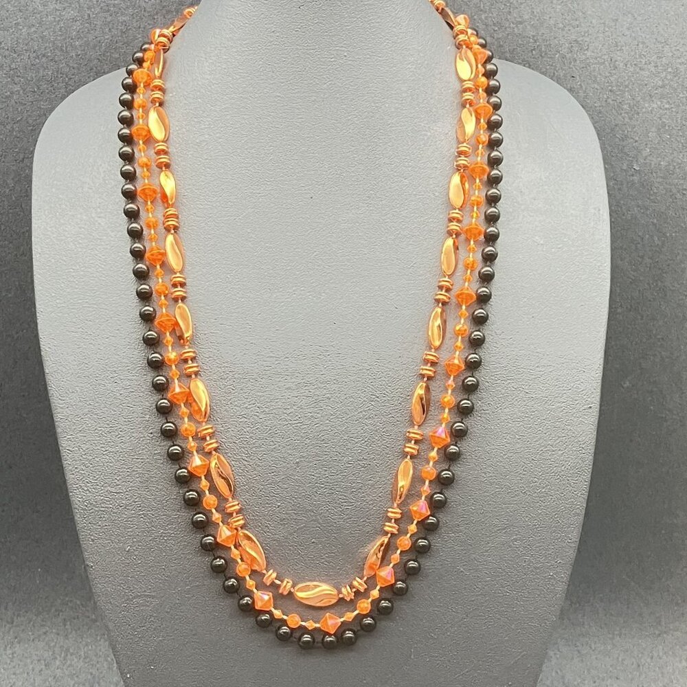 Halloween Beaded Necklace Lot of Three 30 In Metallic Orange Black Vintage Retro